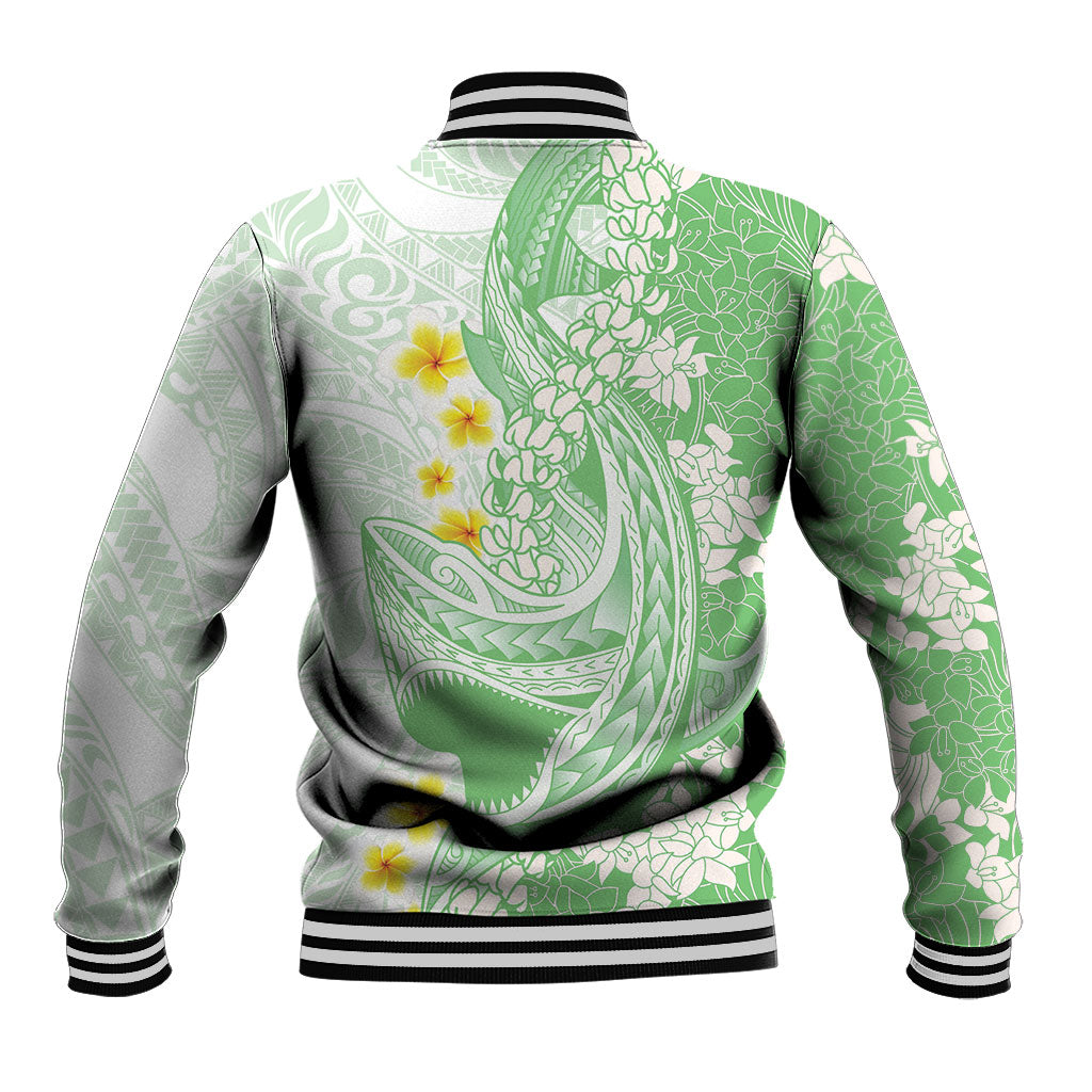 Green Hawaii Shark Tattoo Baseball Jacket Puakenikeni Lei Plumeria Polynesian Pattern LT14 - Polynesian Pride