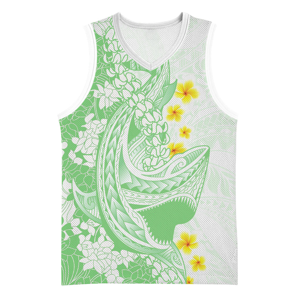 Green Hawaii Shark Tattoo Basketball Jersey Puakenikeni Lei Plumeria Polynesian Pattern LT14 Unisex Green - Polynesian Pride