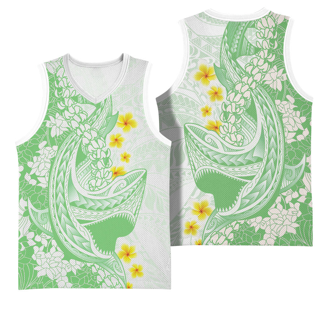 Green Hawaii Shark Tattoo Basketball Jersey Puakenikeni Lei Plumeria Polynesian Pattern LT14 - Polynesian Pride