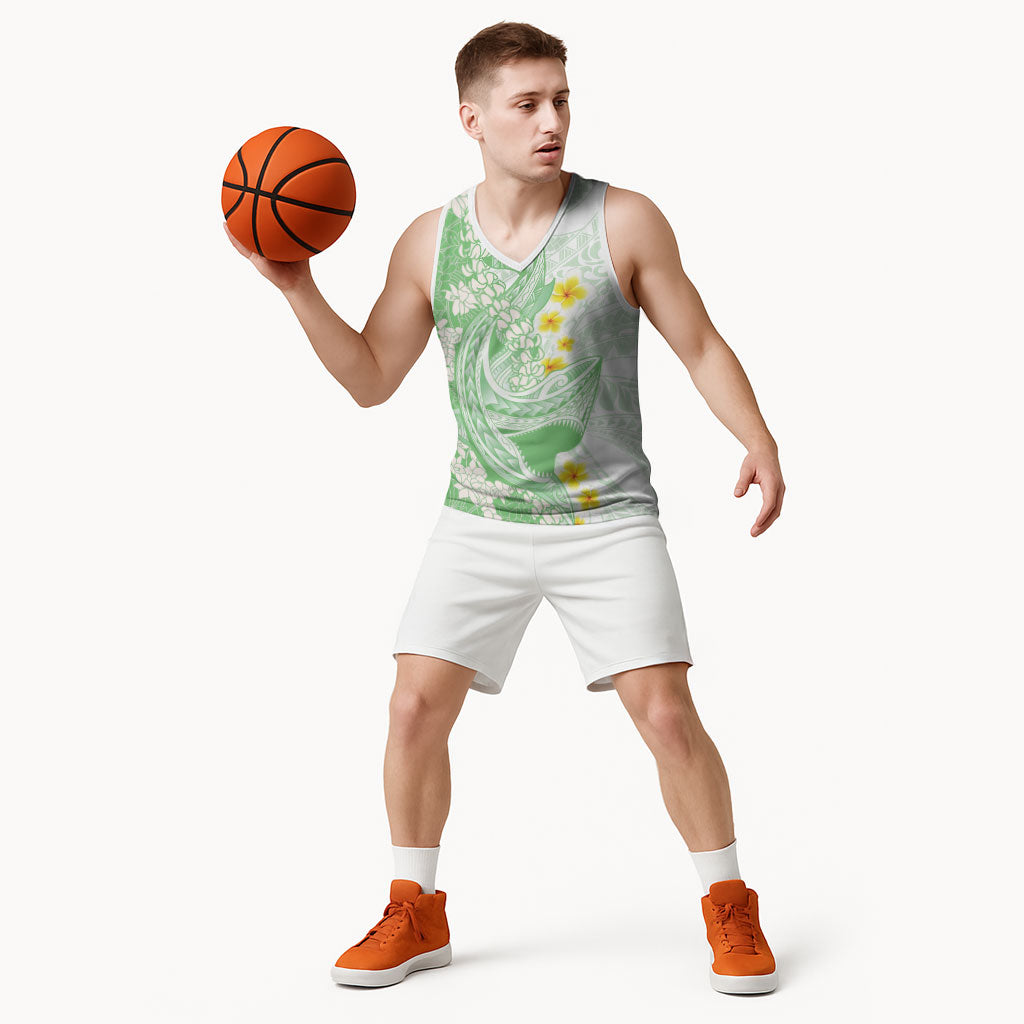 Green Hawaii Shark Tattoo Basketball Jersey Puakenikeni Lei Plumeria Polynesian Pattern LT14 - Polynesian Pride
