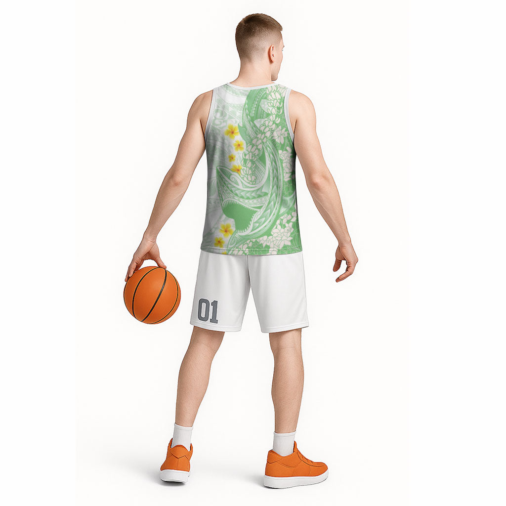 Green Hawaii Shark Tattoo Basketball Jersey Puakenikeni Lei Plumeria Polynesian Pattern LT14 - Polynesian Pride