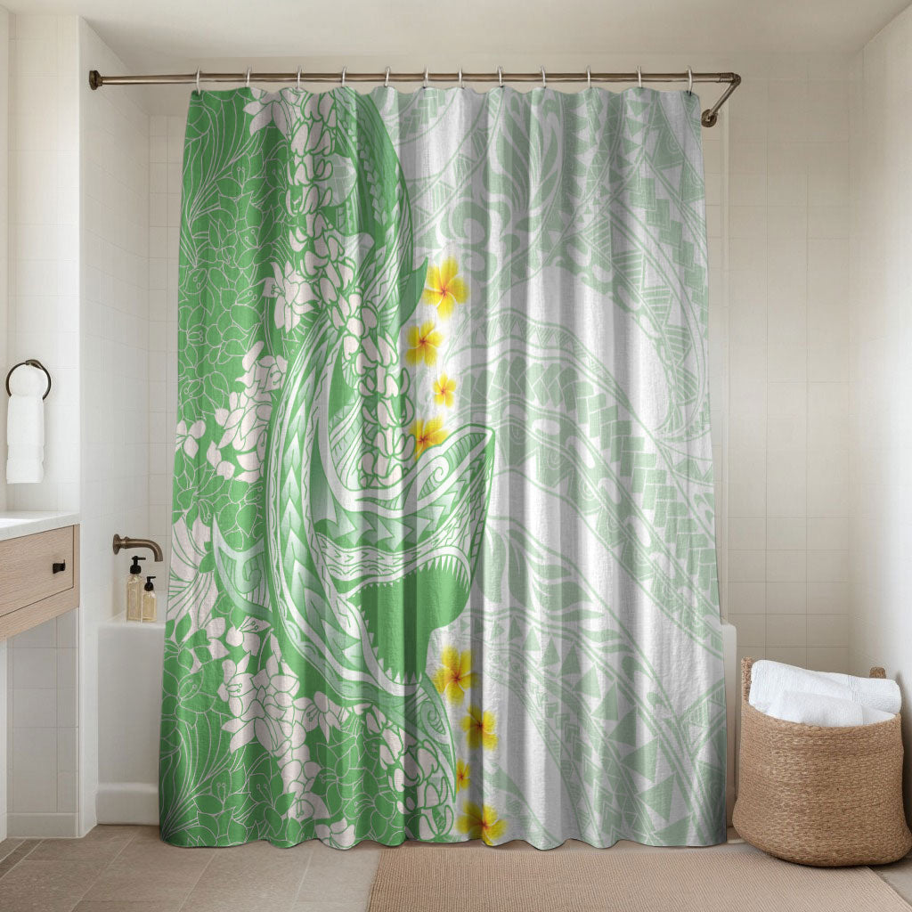 Green Hawaii Shark Tattoo Bathroom Set Puakenikeni Lei Plumeria Polynesian Pattern LT14 Shower Curtain Only Green - Polynesian Pride