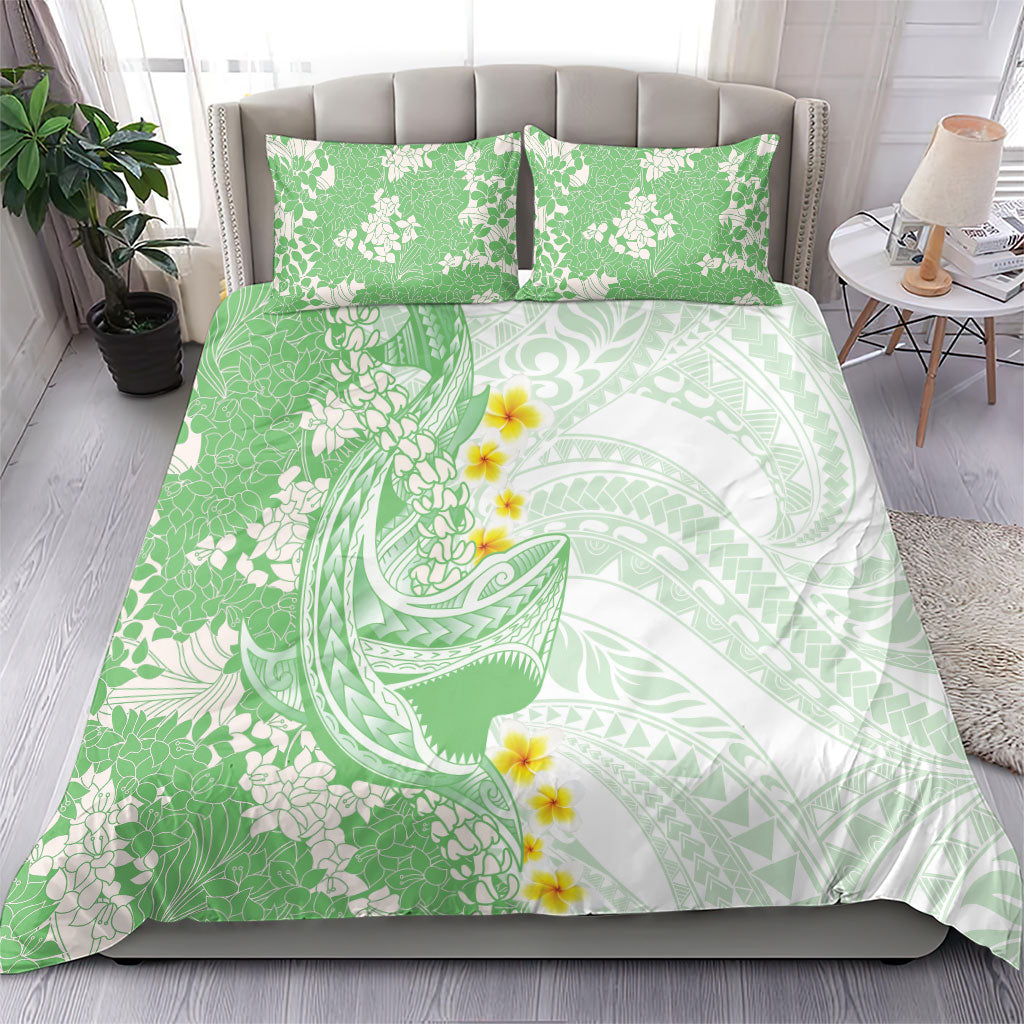 Green Hawaii Shark Tattoo Bedding Set Puakenikeni Lei Plumeria Polynesian Pattern LT14 - Polynesian Pride