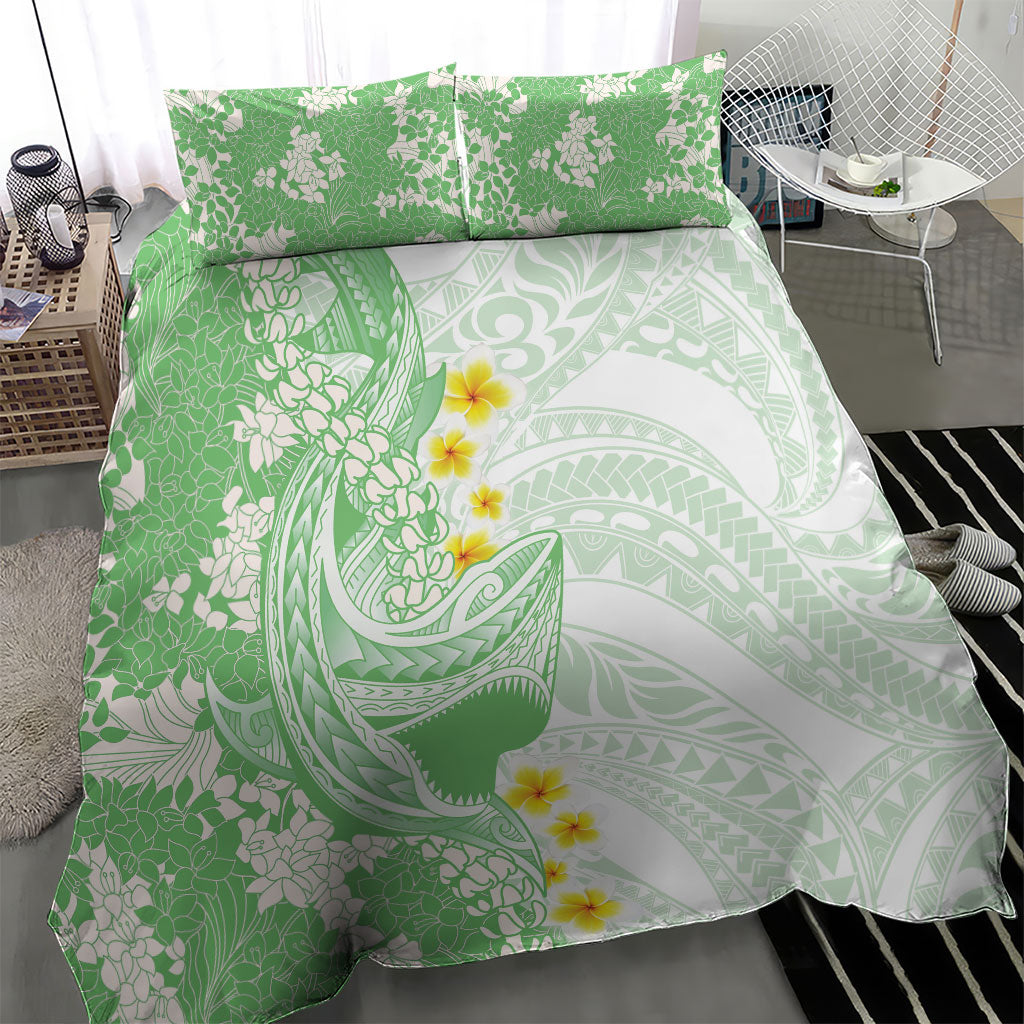 Green Hawaii Shark Tattoo Bedding Set Puakenikeni Lei Plumeria Polynesian Pattern LT14 - Polynesian Pride