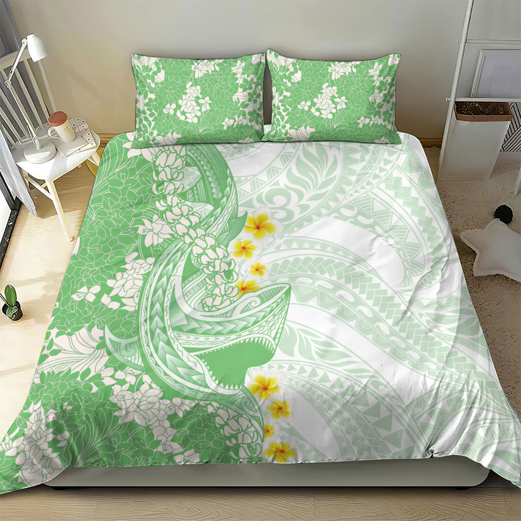 Green Hawaii Shark Tattoo Bedding Set Puakenikeni Lei Plumeria Polynesian Pattern LT14 - Polynesian Pride