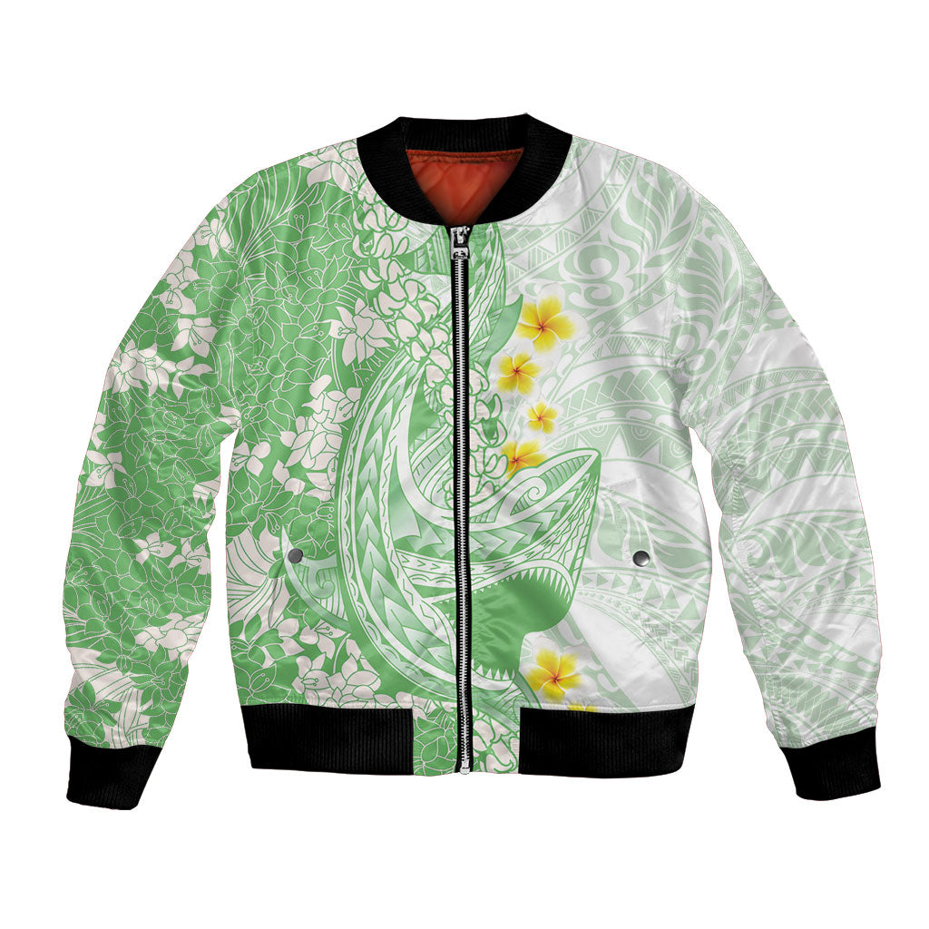 Green Hawaii Shark Tattoo Bomber Jacket Puakenikeni Lei Plumeria Polynesian Pattern LT14 Unisex Green - Polynesian Pride