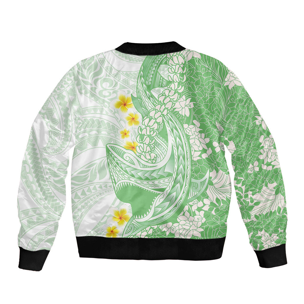 Green Hawaii Shark Tattoo Bomber Jacket Puakenikeni Lei Plumeria Polynesian Pattern LT14 - Polynesian Pride