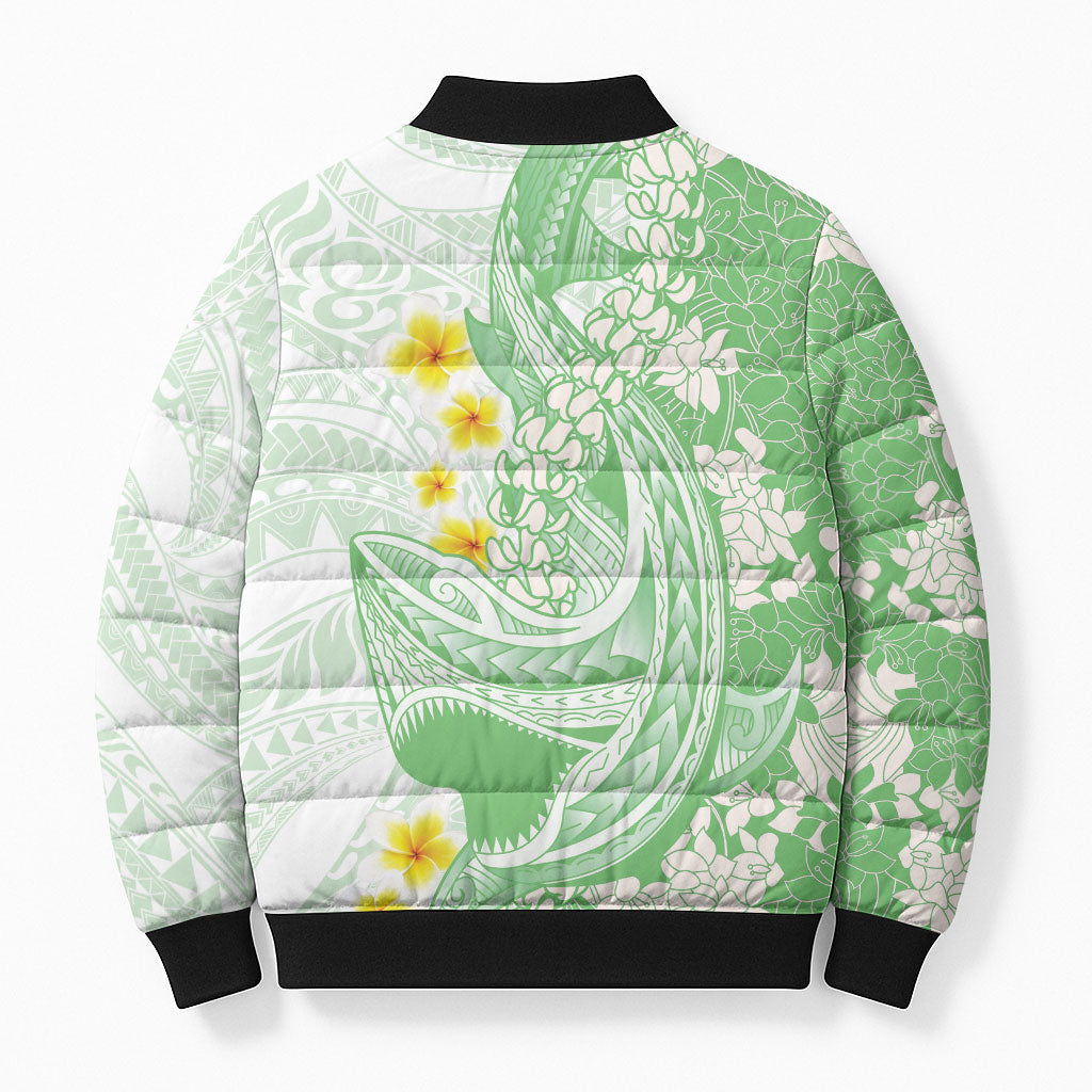 Green Hawaii Shark Tattoo Bomber Puffer Jacket Puakenikeni Lei Plumeria Polynesian Pattern LT14 - Polynesian Pride