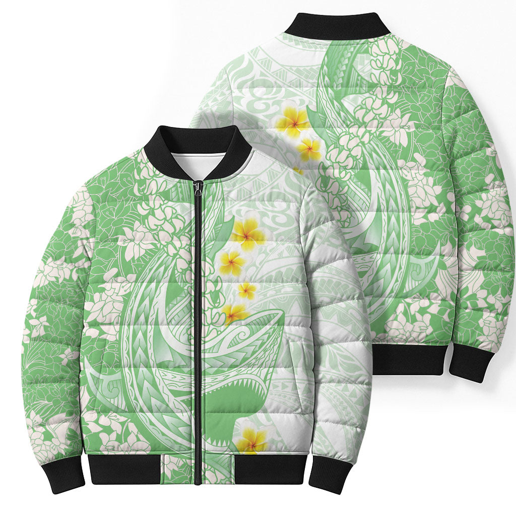 Green Hawaii Shark Tattoo Bomber Puffer Jacket Puakenikeni Lei Plumeria Polynesian Pattern LT14 - Polynesian Pride