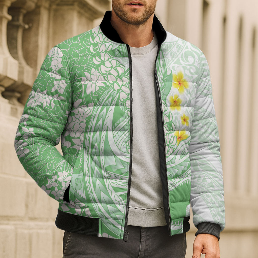 Green Hawaii Shark Tattoo Bomber Puffer Jacket Puakenikeni Lei Plumeria Polynesian Pattern LT14 - Polynesian Pride