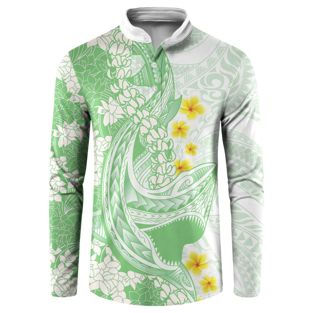 Green Hawaii Shark Tattoo Button Sweatshirt Puakenikeni Lei Plumeria Polynesian Pattern LT14 Green - Polynesian Pride