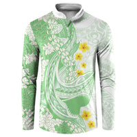 Green Hawaii Shark Tattoo Button Sweatshirt Puakenikeni Lei Plumeria Polynesian Pattern LT14 Green - Polynesian Pride
