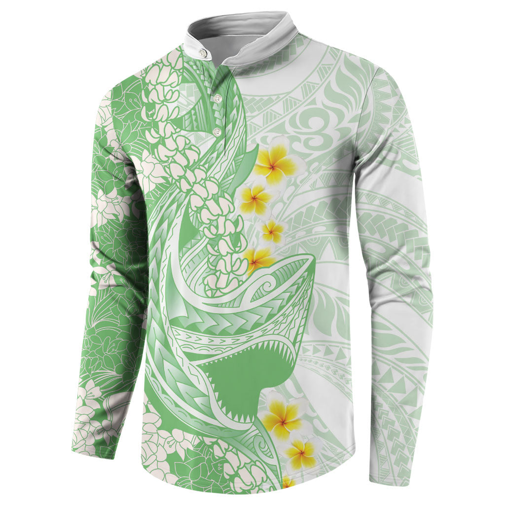 Green Hawaii Shark Tattoo Button Sweatshirt Puakenikeni Lei Plumeria Polynesian Pattern LT14 - Polynesian Pride