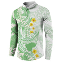 Green Hawaii Shark Tattoo Button Sweatshirt Puakenikeni Lei Plumeria Polynesian Pattern LT14 - Polynesian Pride