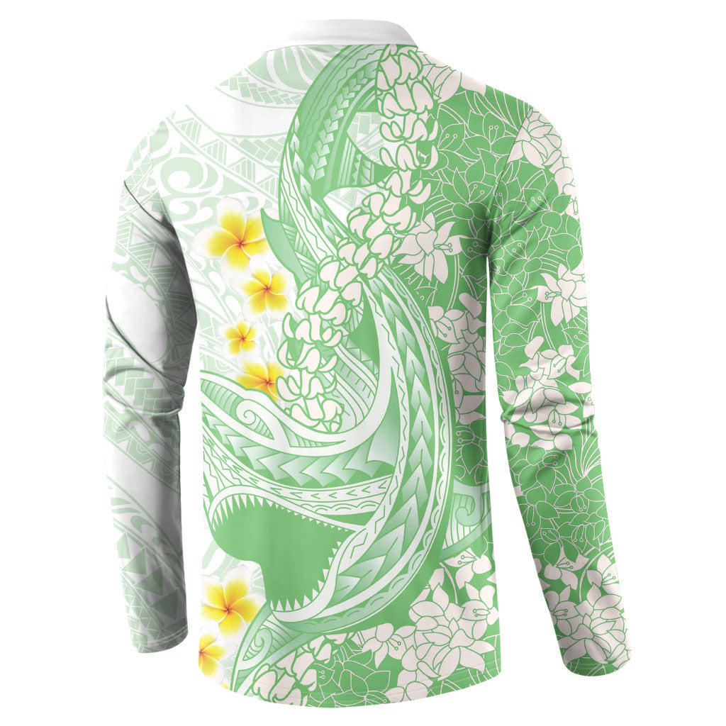 Green Hawaii Shark Tattoo Button Sweatshirt Puakenikeni Lei Plumeria Polynesian Pattern LT14 - Polynesian Pride