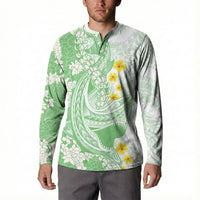 Green Hawaii Shark Tattoo Button Sweatshirt Puakenikeni Lei Plumeria Polynesian Pattern LT14 - Polynesian Pride