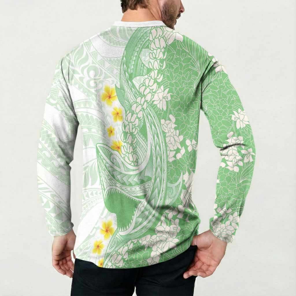 Green Hawaii Shark Tattoo Button Sweatshirt Puakenikeni Lei Plumeria Polynesian Pattern LT14 - Polynesian Pride