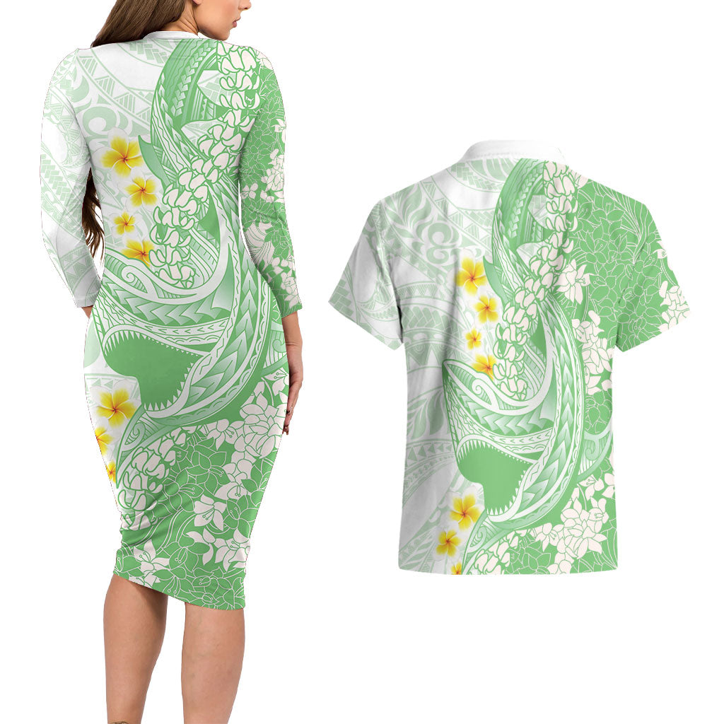 Green Hawaii Shark Tattoo Couples Matching Long Sleeve Bodycon Dress and Hawaiian Shirt Puakenikeni Lei Plumeria Polynesian Pattern
