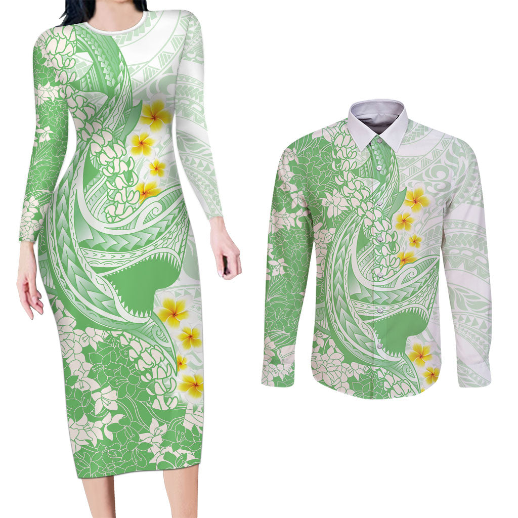 Green Hawaii Shark Tattoo Couples Matching Long Sleeve Bodycon Dress and Long Sleeve Button Shirt Puakenikeni Lei Plumeria Polynesian Pattern