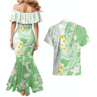 Green Hawaii Shark Tattoo Couples Matching Mermaid Dress and Hawaiian Shirt Puakenikeni Lei Plumeria Polynesian Pattern
