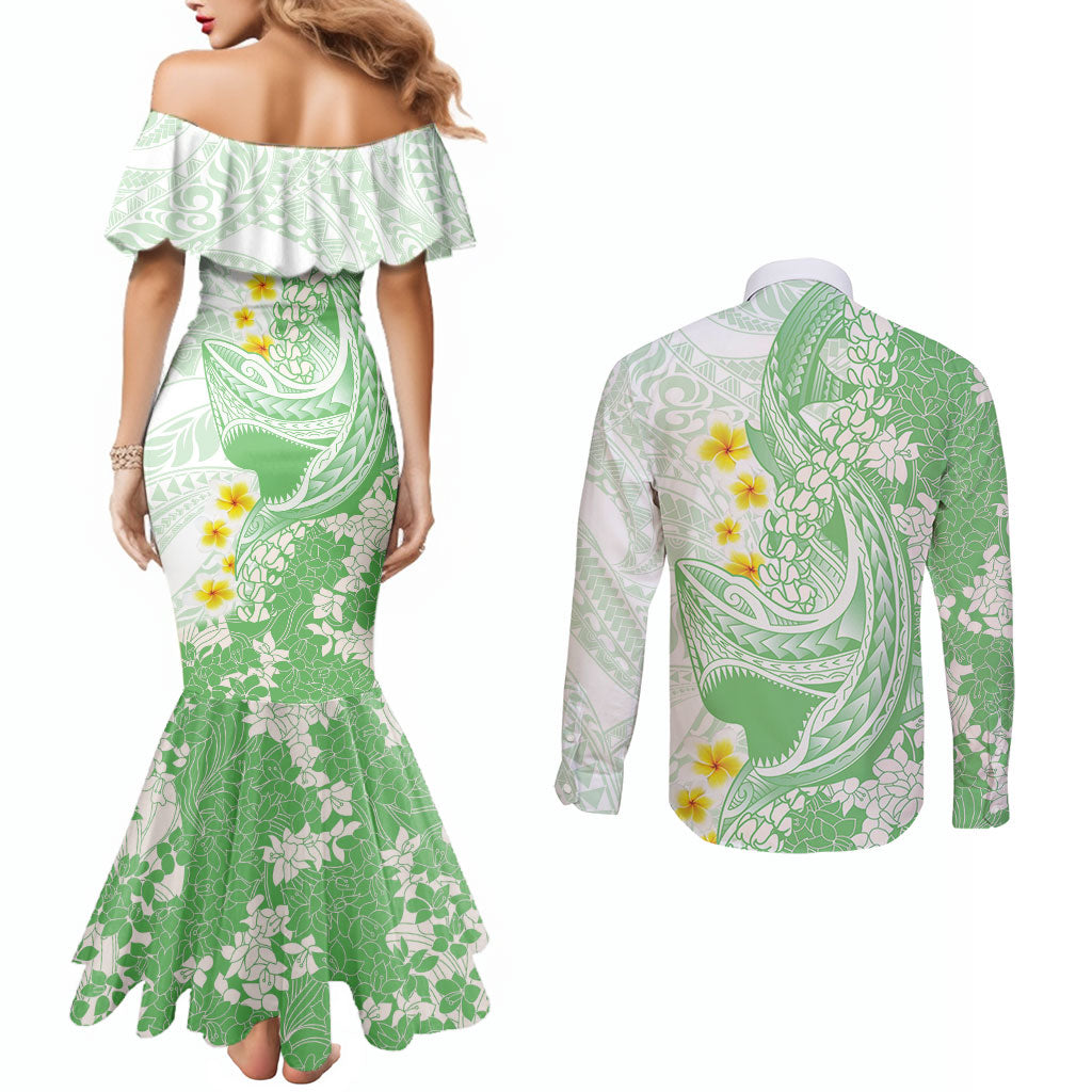Green Hawaii Shark Tattoo Couples Matching Mermaid Dress and Long Sleeve Button Shirt Puakenikeni Lei Plumeria Polynesian Pattern