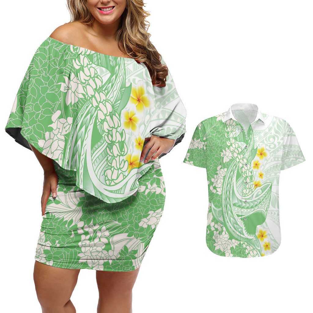 Green Hawaii Shark Tattoo Couples Matching Off Shoulder Short Dress and Hawaiian Shirt Puakenikeni Lei Plumeria Polynesian Pattern