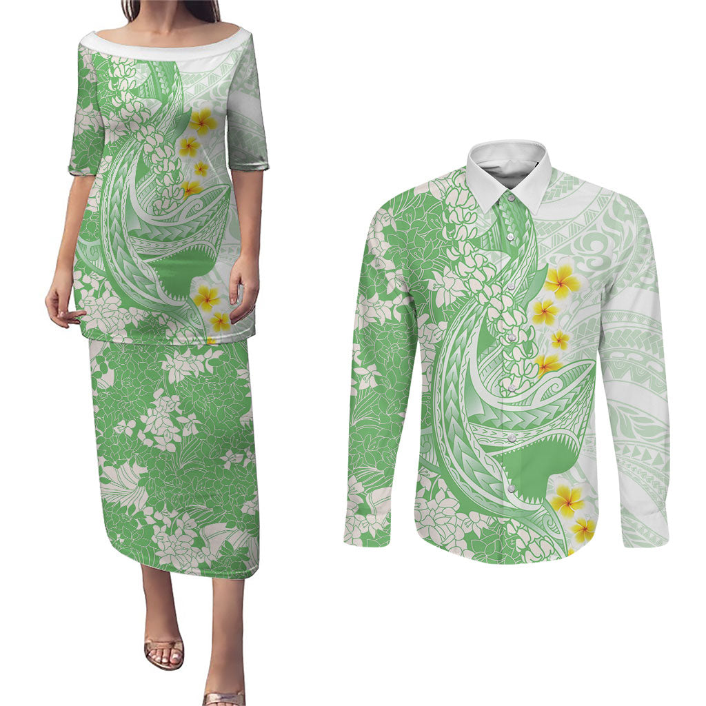 Green Hawaii Shark Tattoo Couples Matching Puletasi and Long Sleeve Button Shirt Puakenikeni Lei Plumeria Polynesian Pattern