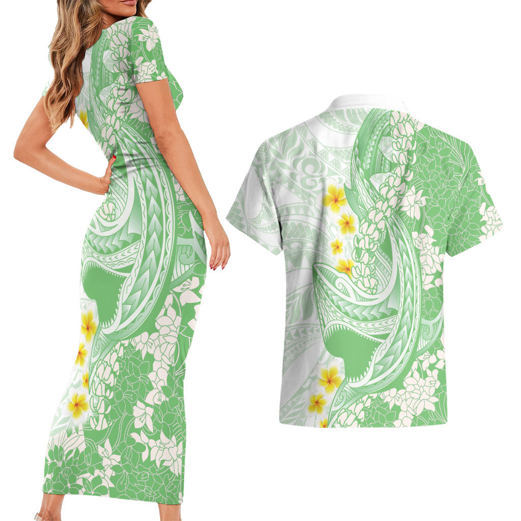 Green Hawaii Shark Tattoo Couples Matching Short Sleeve Bodycon Dress and Hawaiian Shirt Puakenikeni Lei Plumeria Polynesian Pattern