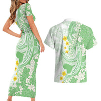Green Hawaii Shark Tattoo Couples Matching Short Sleeve Bodycon Dress and Hawaiian Shirt Puakenikeni Lei Plumeria Polynesian Pattern