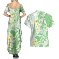 Green Hawaii Shark Tattoo Couples Matching Summer Maxi Dress and Hawaiian Shirt Puakenikeni Lei Plumeria Polynesian Pattern