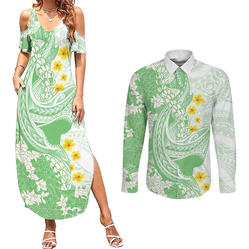 Green Hawaii Shark Tattoo Couples Matching Summer Maxi Dress and Long Sleeve Button Shirt Puakenikeni Lei Plumeria Polynesian Pattern