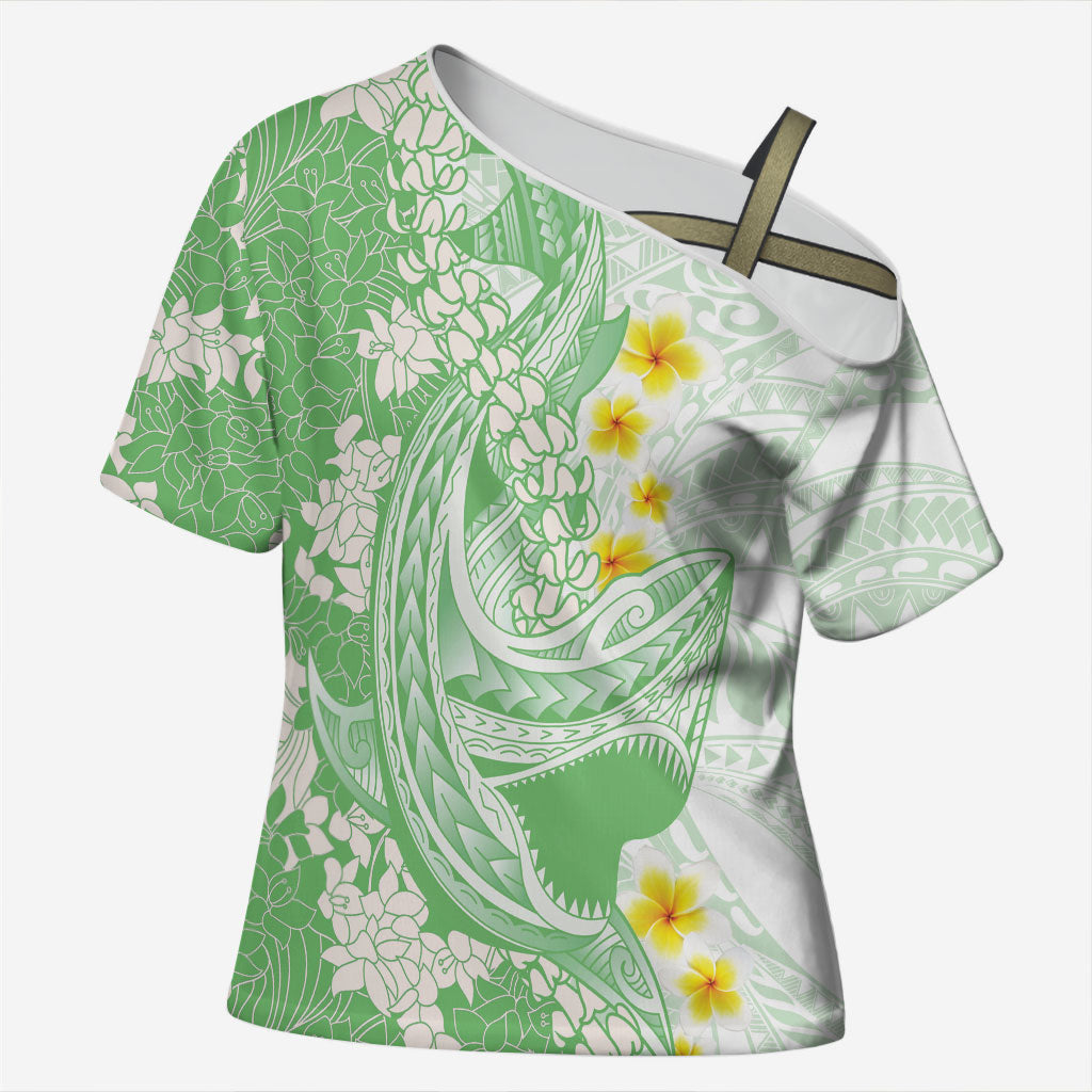 Green Hawaii Shark Tattoo Cross Shoulder Shirt Puakenikeni Lei Plumeria Polynesian Pattern LT14 Female Green - Polynesian Pride