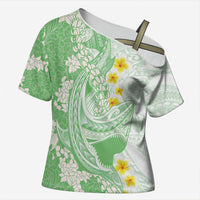Green Hawaii Shark Tattoo Cross Shoulder Shirt Puakenikeni Lei Plumeria Polynesian Pattern LT14 Female Green - Polynesian Pride