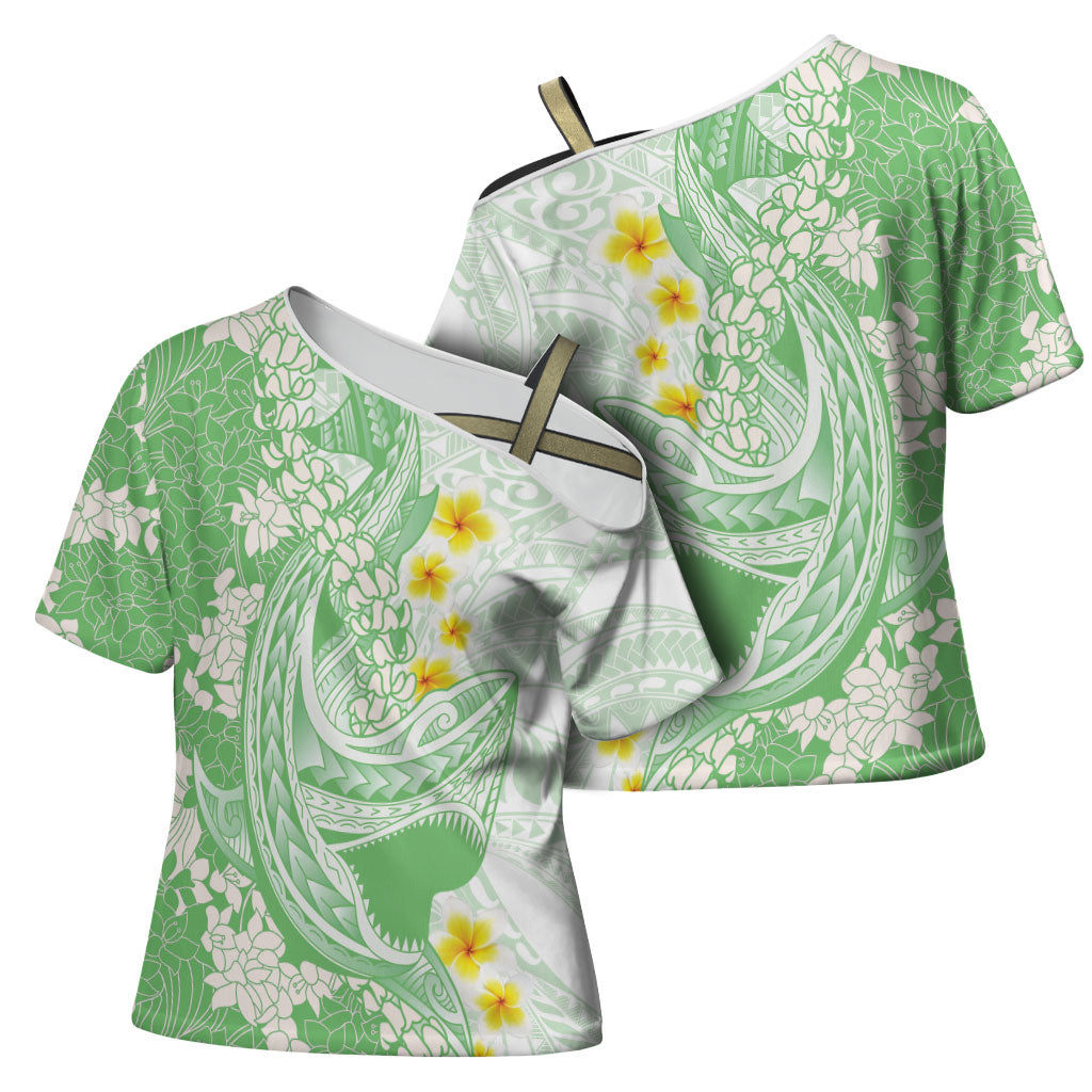 Green Hawaii Shark Tattoo Cross Shoulder Shirt Puakenikeni Lei Plumeria Polynesian Pattern LT14 - Polynesian Pride