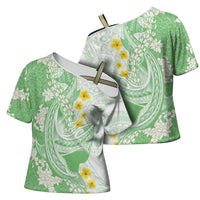 Green Hawaii Shark Tattoo Cross Shoulder Shirt Puakenikeni Lei Plumeria Polynesian Pattern LT14 - Polynesian Pride