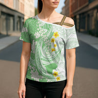 Green Hawaii Shark Tattoo Cross Shoulder Shirt Puakenikeni Lei Plumeria Polynesian Pattern LT14 - Polynesian Pride