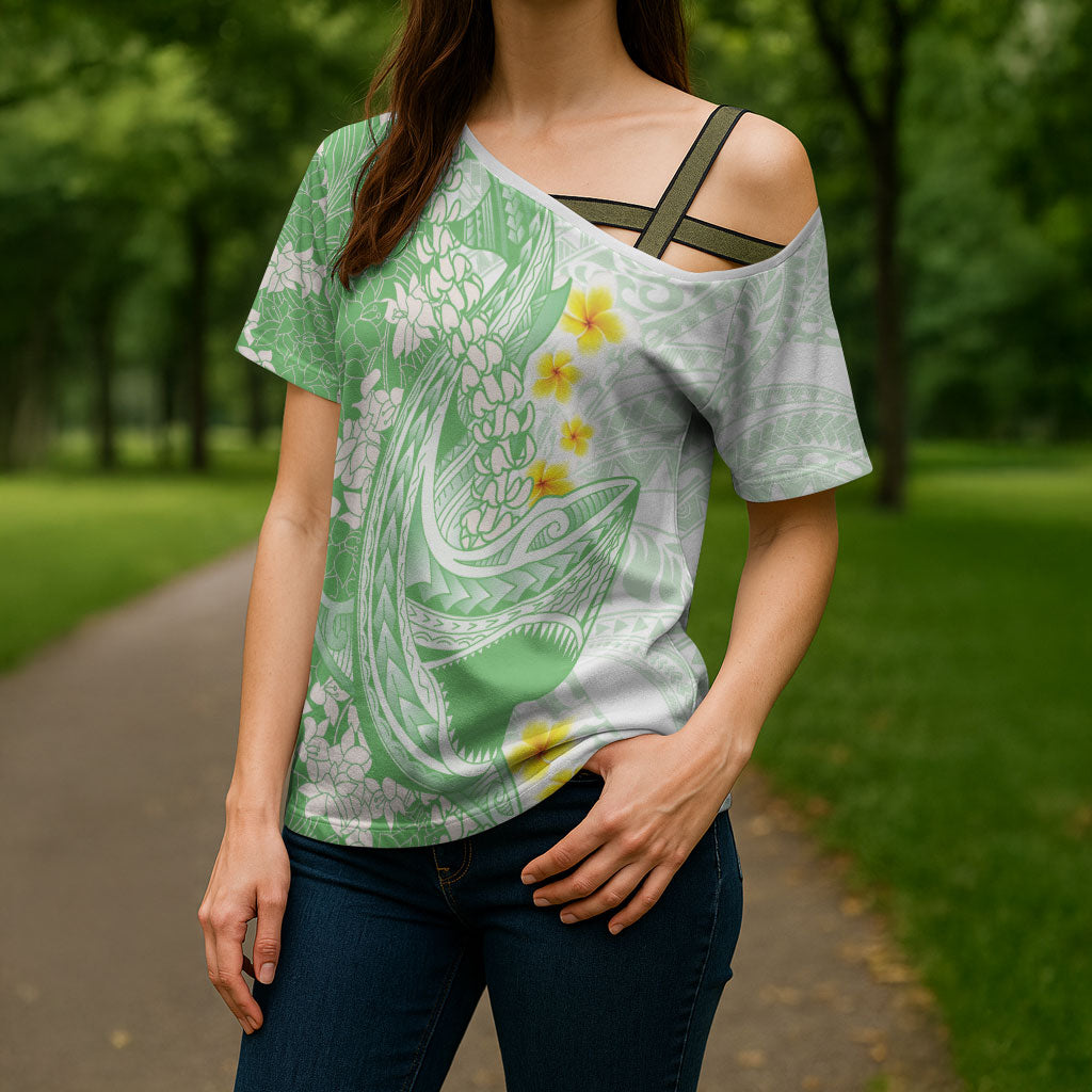 Green Hawaii Shark Tattoo Cross Shoulder Shirt Puakenikeni Lei Plumeria Polynesian Pattern LT14 - Polynesian Pride