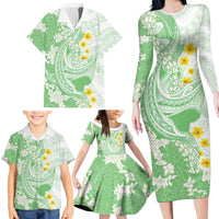 Green Hawaii Shark Tattoo Family Matching Long Sleeve Bodycon Dress and Hawaiian Shirt Puakenikeni Lei Plumeria Polynesian Pattern