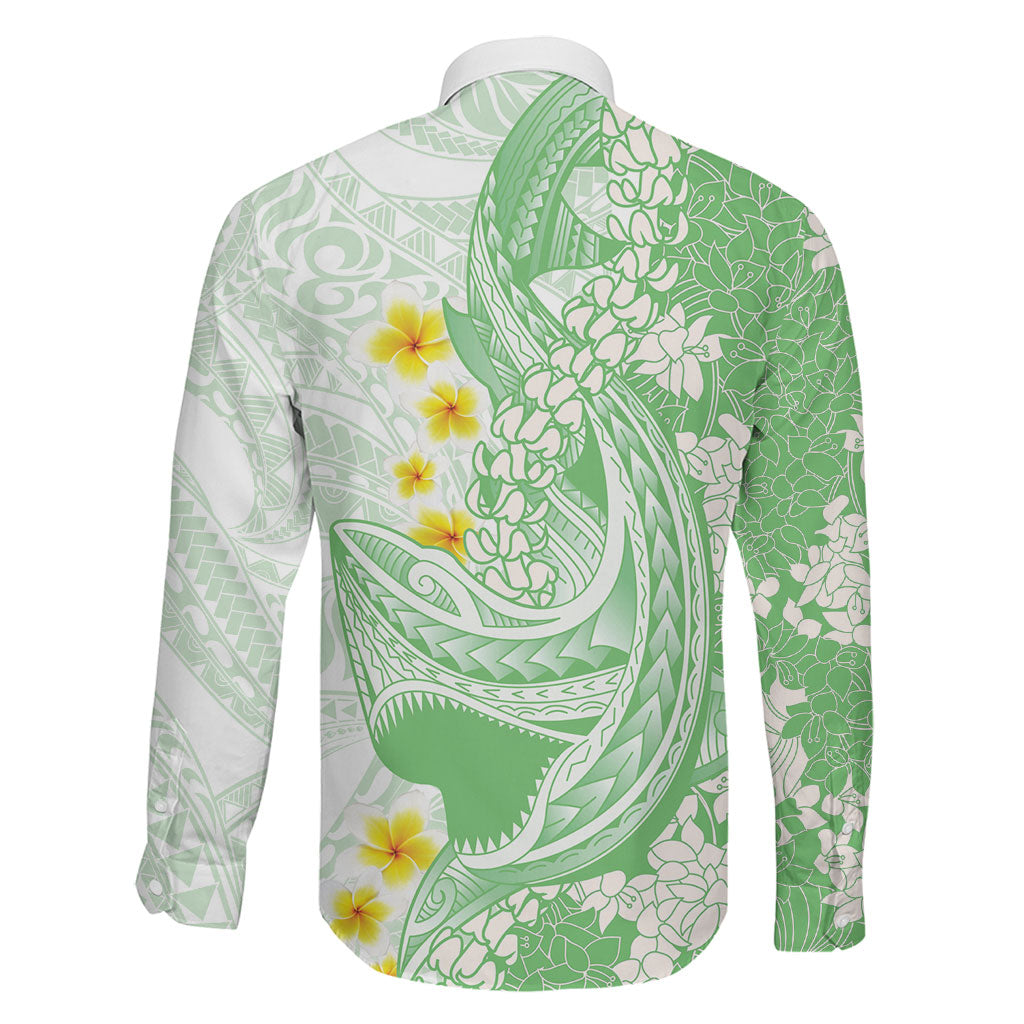 Green Hawaii Shark Tattoo Family Matching Long Sleeve Bodycon Dress and Hawaiian Shirt Puakenikeni Lei Plumeria Polynesian Pattern