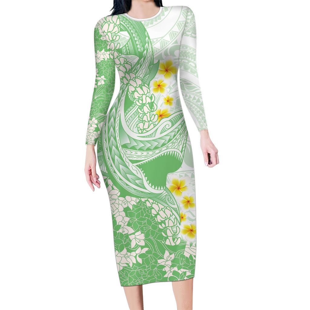 Green Hawaii Shark Tattoo Family Matching Long Sleeve Bodycon Dress and Hawaiian Shirt Puakenikeni Lei Plumeria Polynesian Pattern