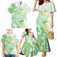 Green Hawaii Shark Tattoo Family Matching Mermaid Dress and Hawaiian Shirt Puakenikeni Lei Plumeria Polynesian Pattern