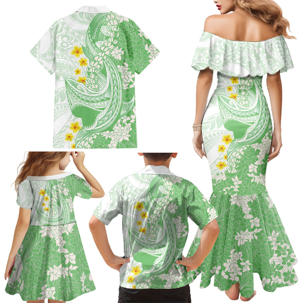Green Hawaii Shark Tattoo Family Matching Mermaid Dress and Hawaiian Shirt Puakenikeni Lei Plumeria Polynesian Pattern