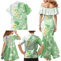 Green Hawaii Shark Tattoo Family Matching Mermaid Dress and Hawaiian Shirt Puakenikeni Lei Plumeria Polynesian Pattern