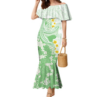 Green Hawaii Shark Tattoo Family Matching Mermaid Dress and Hawaiian Shirt Puakenikeni Lei Plumeria Polynesian Pattern