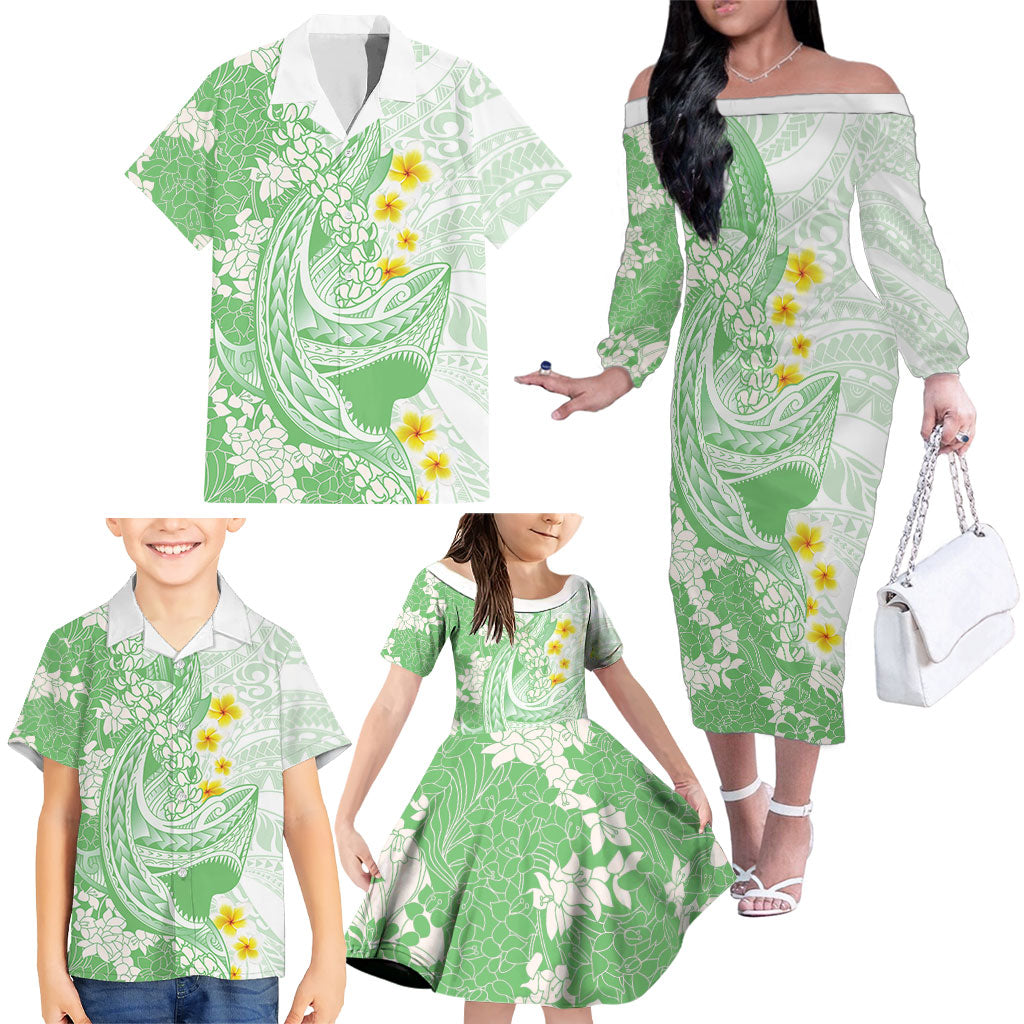 Green Hawaii Shark Tattoo Family Matching Off The Shoulder Long Sleeve Dress and Hawaiian Shirt Puakenikeni Lei Plumeria Polynesian Pattern