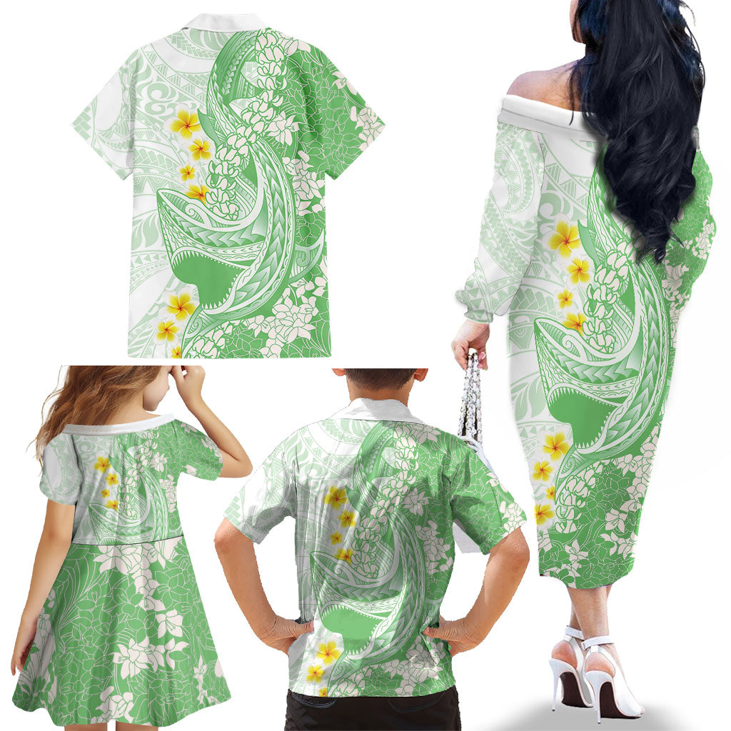 Green Hawaii Shark Tattoo Family Matching Off The Shoulder Long Sleeve Dress and Hawaiian Shirt Puakenikeni Lei Plumeria Polynesian Pattern
