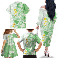 Green Hawaii Shark Tattoo Family Matching Off The Shoulder Long Sleeve Dress and Hawaiian Shirt Puakenikeni Lei Plumeria Polynesian Pattern