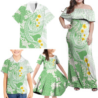 Green Hawaii Shark Tattoo Family Matching Off Shoulder Maxi Dress and Hawaiian Shirt Puakenikeni Lei Plumeria Polynesian Pattern