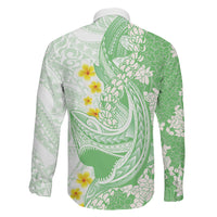 Green Hawaii Shark Tattoo Family Matching Off Shoulder Maxi Dress and Hawaiian Shirt Puakenikeni Lei Plumeria Polynesian Pattern