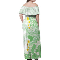 Green Hawaii Shark Tattoo Family Matching Off Shoulder Maxi Dress and Hawaiian Shirt Puakenikeni Lei Plumeria Polynesian Pattern
